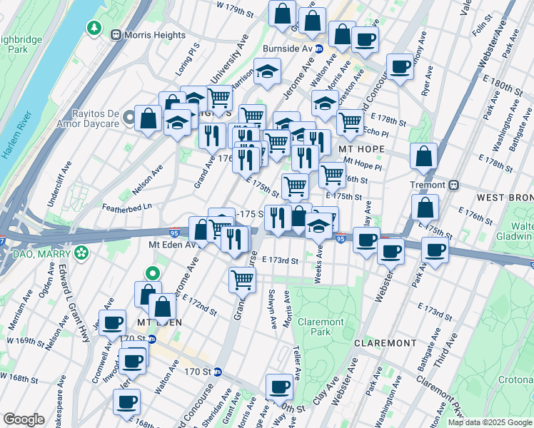 map of restaurants, bars, coffee shops, grocery stores, and more near in The Bronx