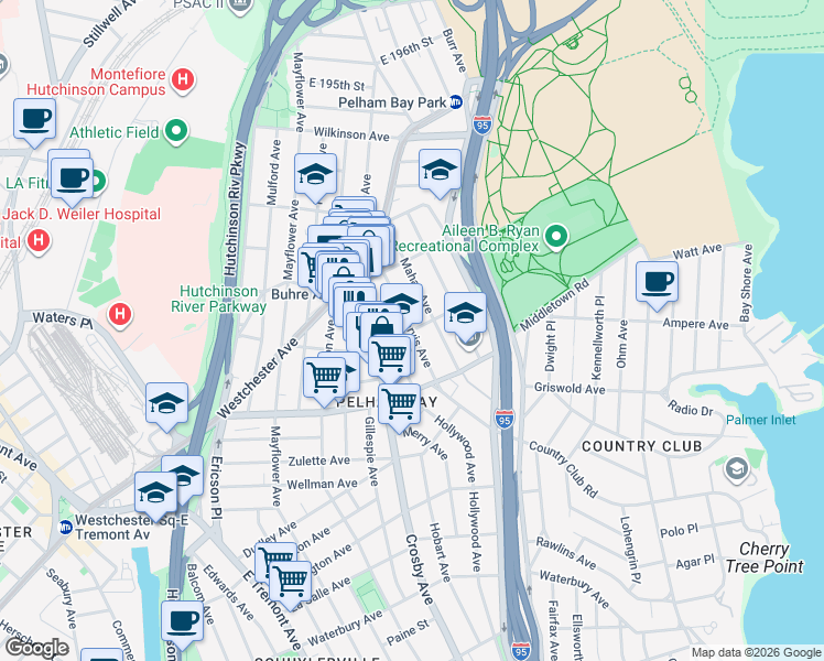 map of restaurants, bars, coffee shops, grocery stores, and more near Roberts Ave & Jarvis Ave in Bronx