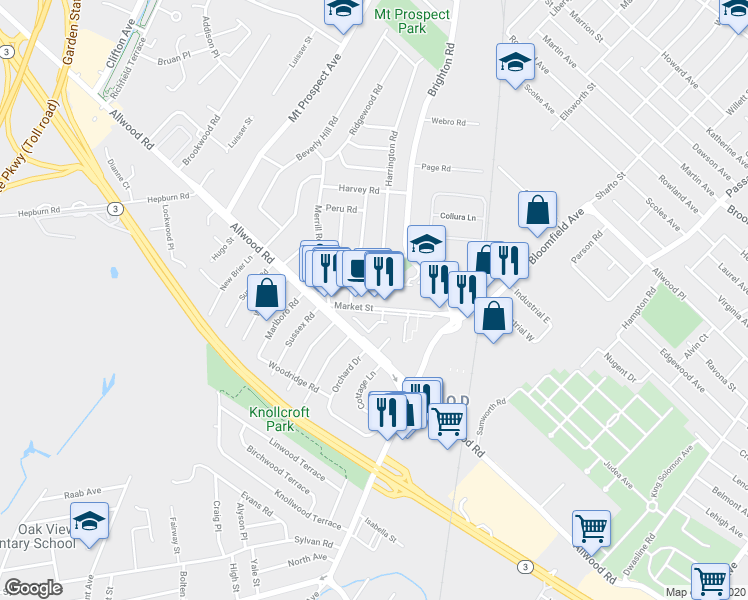 map of restaurants, bars, coffee shops, grocery stores, and more near 74 Market Street in Clifton