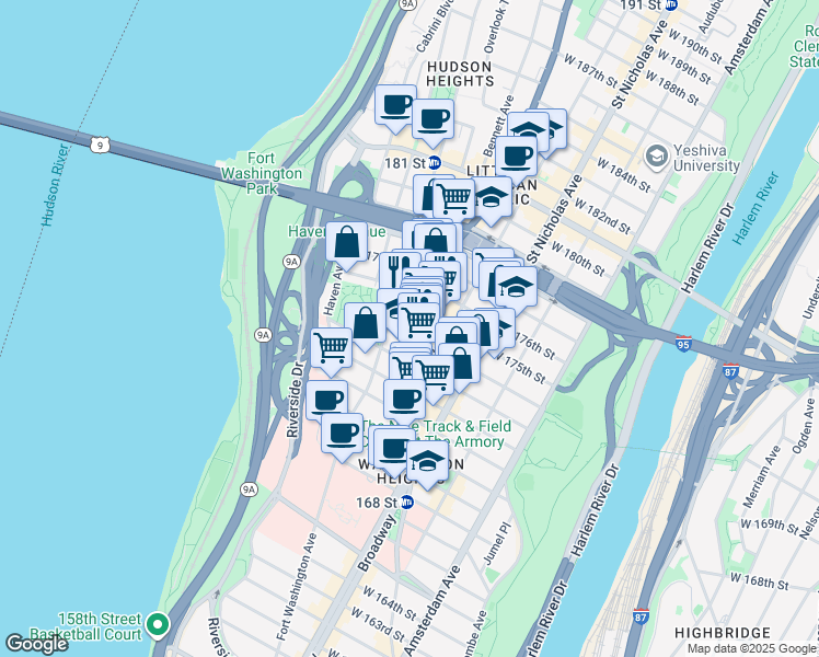 map of restaurants, bars, coffee shops, grocery stores, and more near 647 West 174th Street in New York