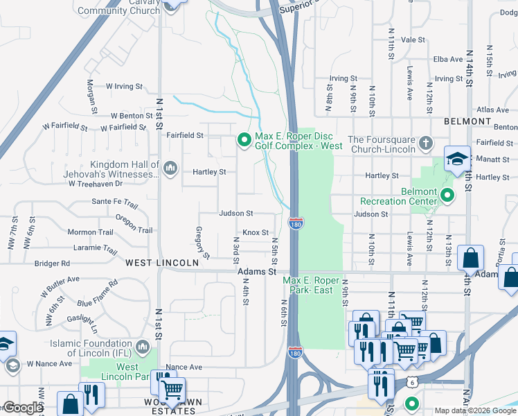 map of restaurants, bars, coffee shops, grocery stores, and more near 415 Groveland Street in Lincoln