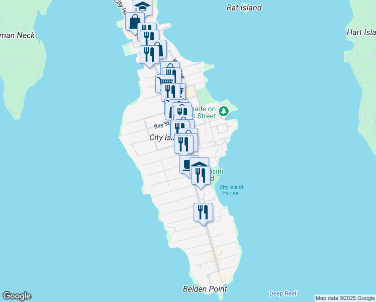 map of restaurants, bars, coffee shops, grocery stores, and more near 281 City Island Avenue in Bronx