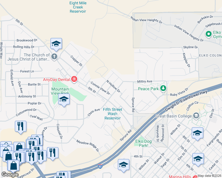 map of restaurants, bars, coffee shops, grocery stores, and more near Cari Way in Elko