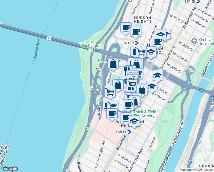 map of restaurants, bars, coffee shops, grocery stores, and more near in New York