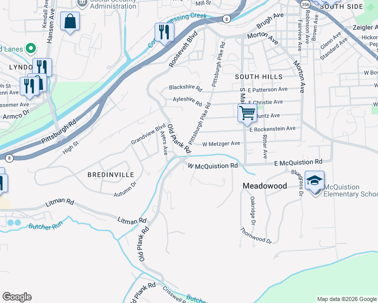 map of restaurants, bars, coffee shops, grocery stores, and more near 49 Old Plank Road in Butler