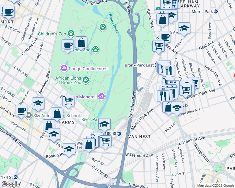 map of restaurants, bars, coffee shops, grocery stores, and more near Bronx Zoo Monorail in The Bronx