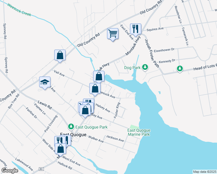 map of restaurants, bars, coffee shops, grocery stores, and more near 9 Carter Lane in East Quogue