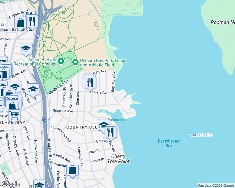 map of restaurants, bars, coffee shops, grocery stores, and more near 1611 Bay Shore Avenue in Bronx