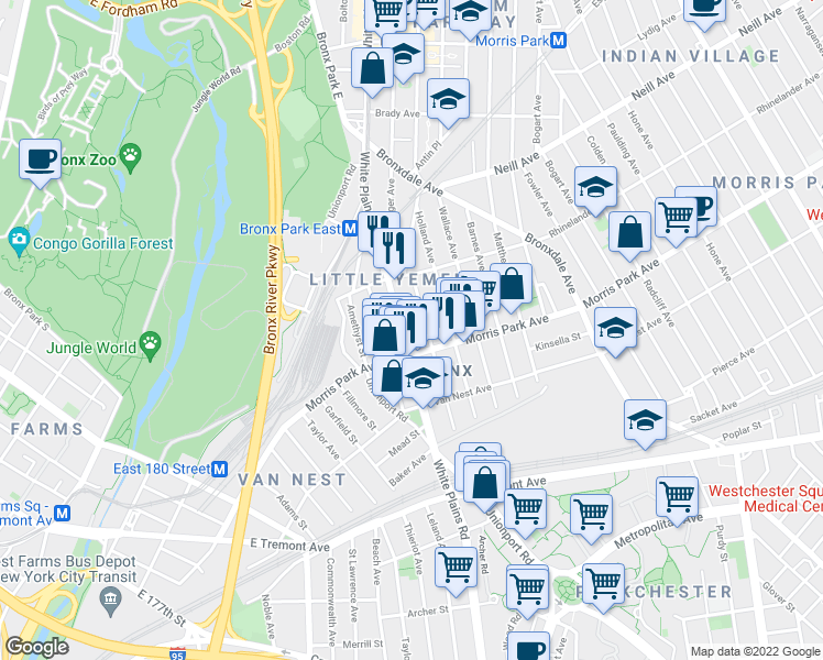 map of restaurants, bars, coffee shops, grocery stores, and more near 1841 Hunt Avenue in The Bronx