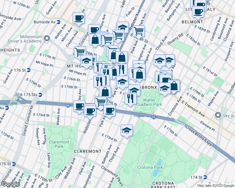 map of restaurants, bars, coffee shops, grocery stores, and more near 1883 Washington Avenue in Bronx