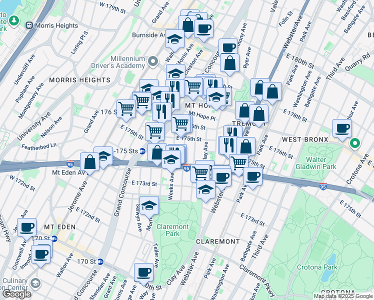 map of restaurants, bars, coffee shops, grocery stores, and more near 1785 Monroe Avenue in Bronx