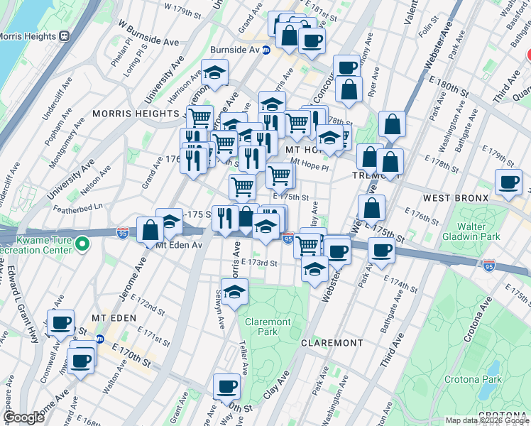 map of restaurants, bars, coffee shops, grocery stores, and more near 1780 Eastburn Avenue in Bronx