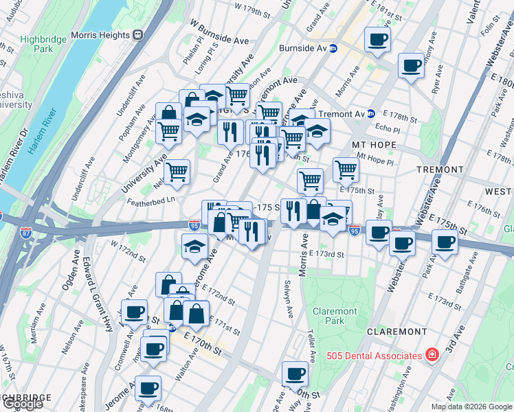 map of restaurants, bars, coffee shops, grocery stores, and more near 1705 Townsend Avenue in Bronx