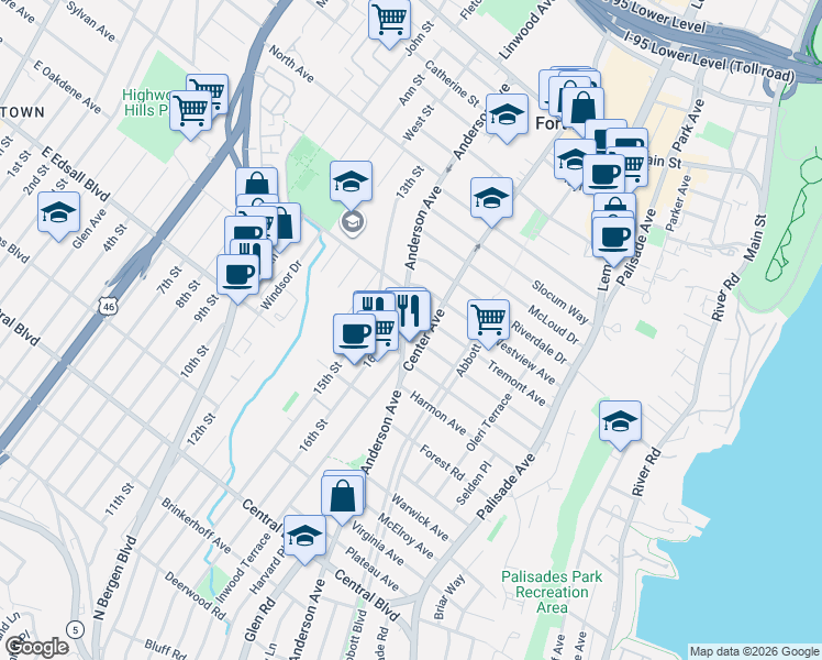 map of restaurants, bars, coffee shops, grocery stores, and more near 1432 Anderson Avenue in Fort Lee