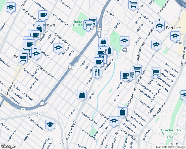 map of restaurants, bars, coffee shops, grocery stores, and more near 460 9th Street in Palisades Park