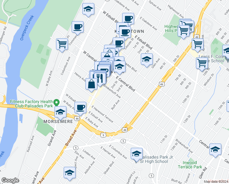 map of restaurants, bars, coffee shops, grocery stores, and more near 248 2nd Street in Palisades Park