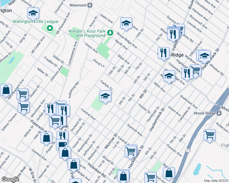 map of restaurants, bars, coffee shops, grocery stores, and more near 45 Carlyle Court in Carlstadt