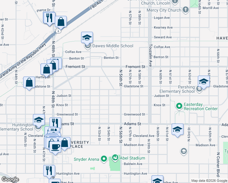 map of restaurants, bars, coffee shops, grocery stores, and more near 3400 Richmond Road in Lincoln