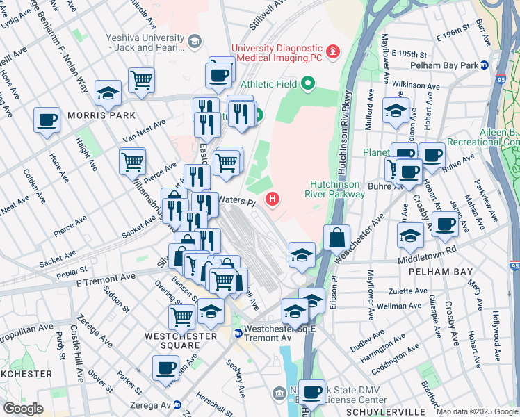 map of restaurants, bars, coffee shops, grocery stores, and more near 1440 Waters Place in Bronx