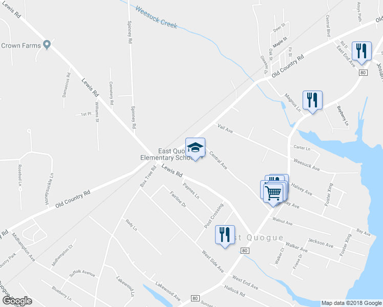 map of restaurants, bars, coffee shops, grocery stores, and more near 101 Old Country Road in East Quogue
