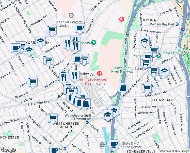map of restaurants, bars, coffee shops, grocery stores, and more near 1440 Waters Place in Bronx