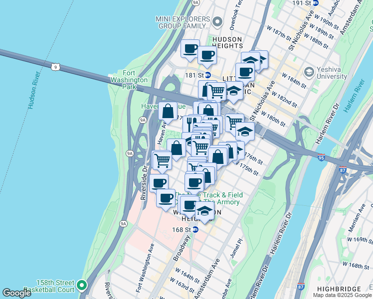map of restaurants, bars, coffee shops, grocery stores, and more near 335 Fort Washington Avenue in New York