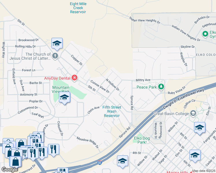 map of restaurants, bars, coffee shops, grocery stores, and more near Cari Way in Elko
