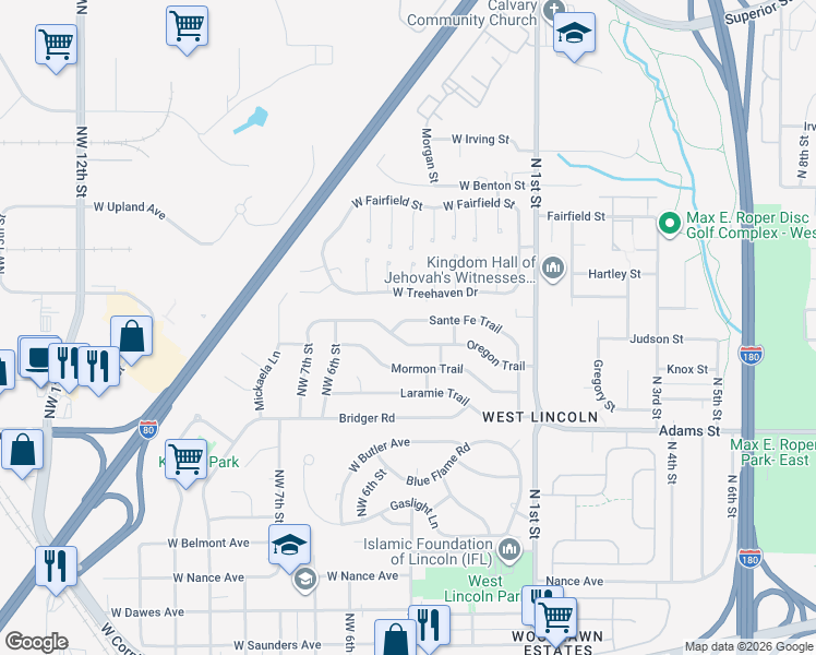 map of restaurants, bars, coffee shops, grocery stores, and more near 430 Sante Fe Trail in Lincoln