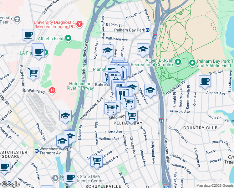 map of restaurants, bars, coffee shops, grocery stores, and more near 1752 Crosby Avenue in The Bronx