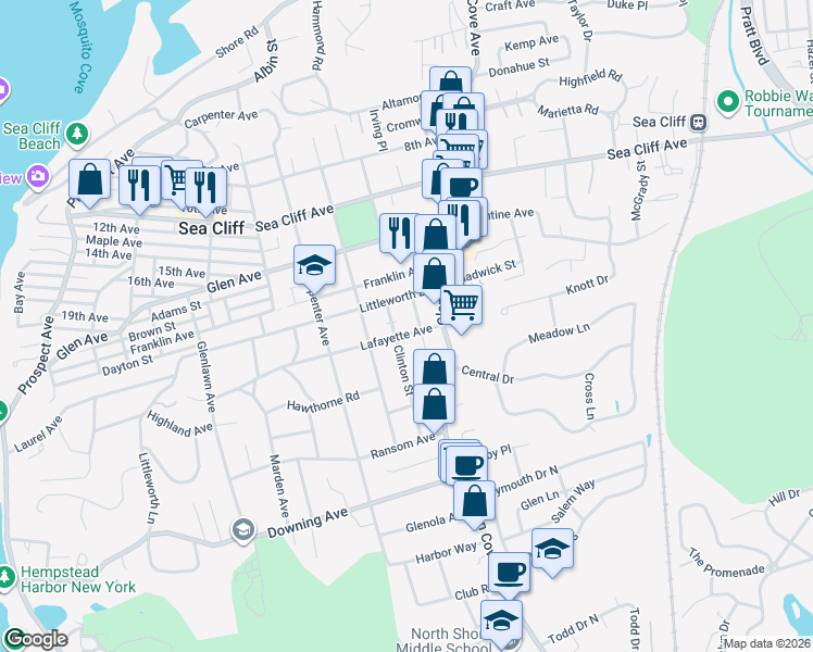 map of restaurants, bars, coffee shops, grocery stores, and more near 11 Grove Street in Sea Cliff