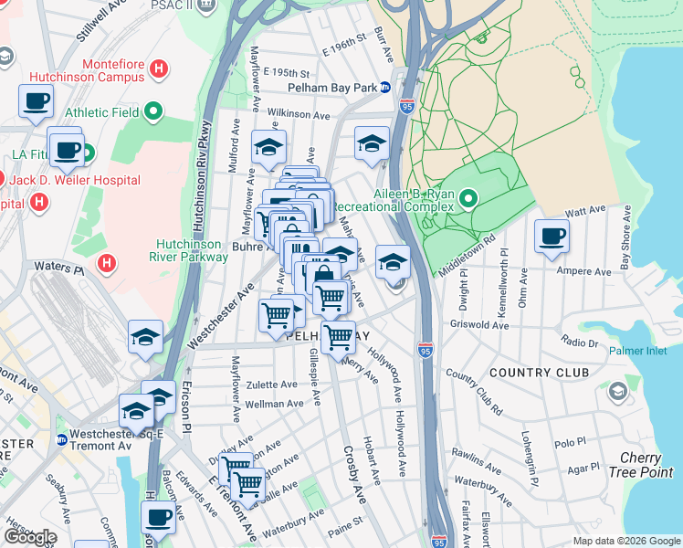 map of restaurants, bars, coffee shops, grocery stores, and more near 1721 Jarvis Avenue in Bronx