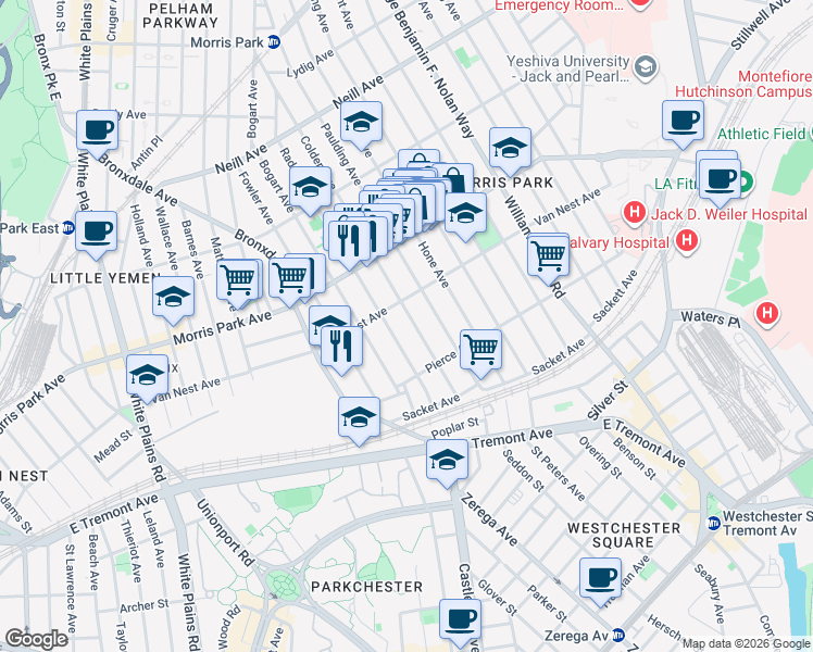 map of restaurants, bars, coffee shops, grocery stores, and more near 994 Van Nest Avenue in The Bronx