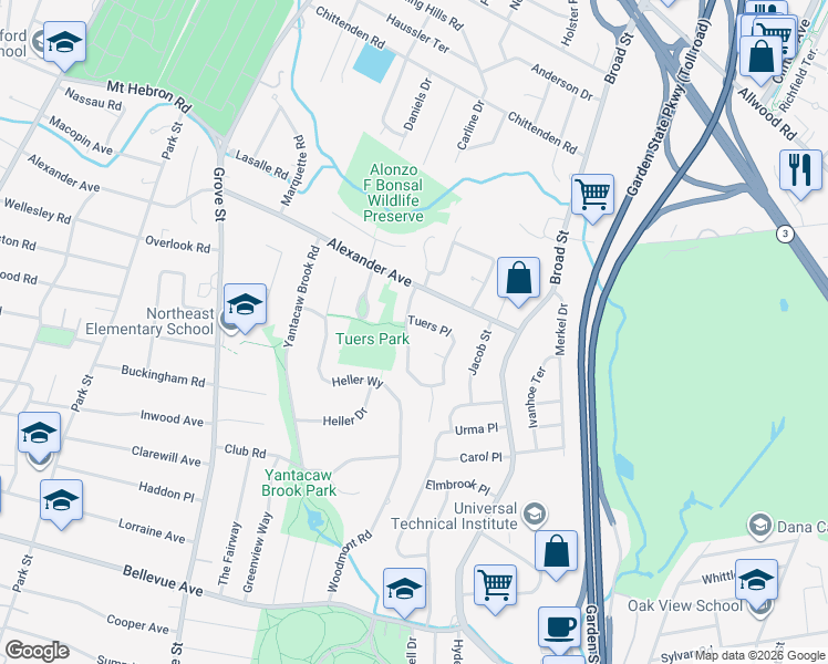 map of restaurants, bars, coffee shops, grocery stores, and more near 131 Squire Hill Road in Montclair
