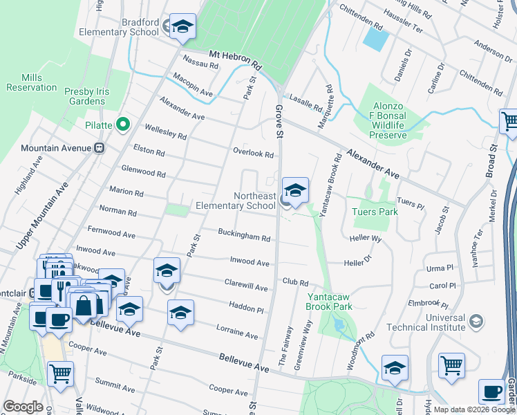 map of restaurants, bars, coffee shops, grocery stores, and more near 10 Fairview Place in Montclair