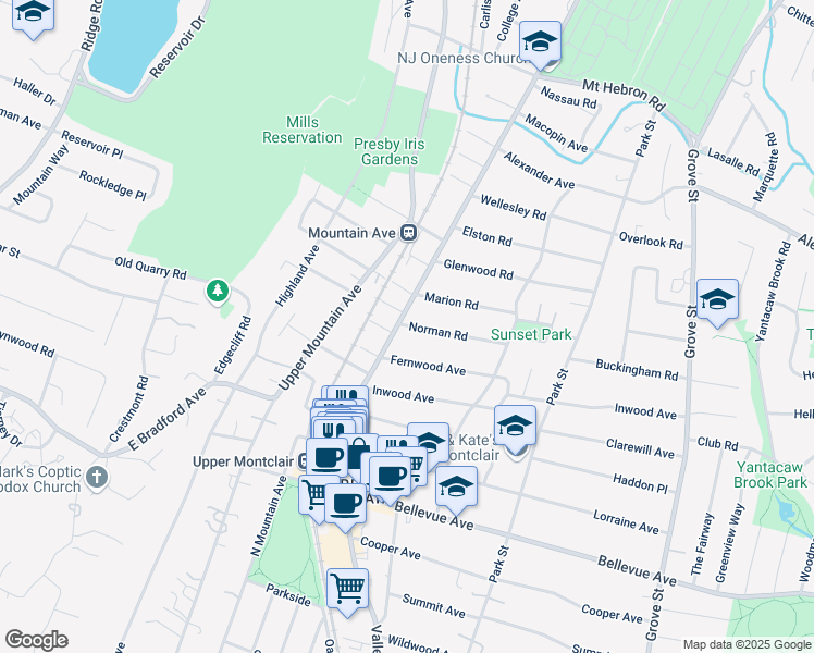 map of restaurants, bars, coffee shops, grocery stores, and more near 38 Marion Road in Montclair