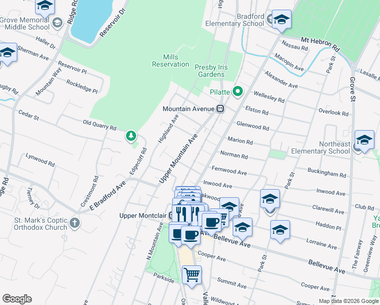 map of restaurants, bars, coffee shops, grocery stores, and more near 415 Upper Mountain Avenue in Montclair