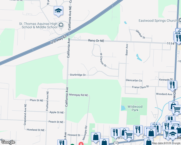 map of restaurants, bars, coffee shops, grocery stores, and more near 1120 Shawn Circle in Louisville