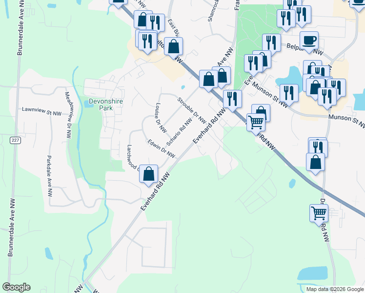map of restaurants, bars, coffee shops, grocery stores, and more near 5290 Schario Road Northwest in Canton