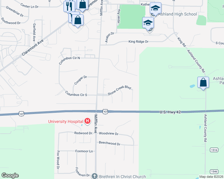 map of restaurants, bars, coffee shops, grocery stores, and more near 860 Stone Creek Boulevard in Ashland
