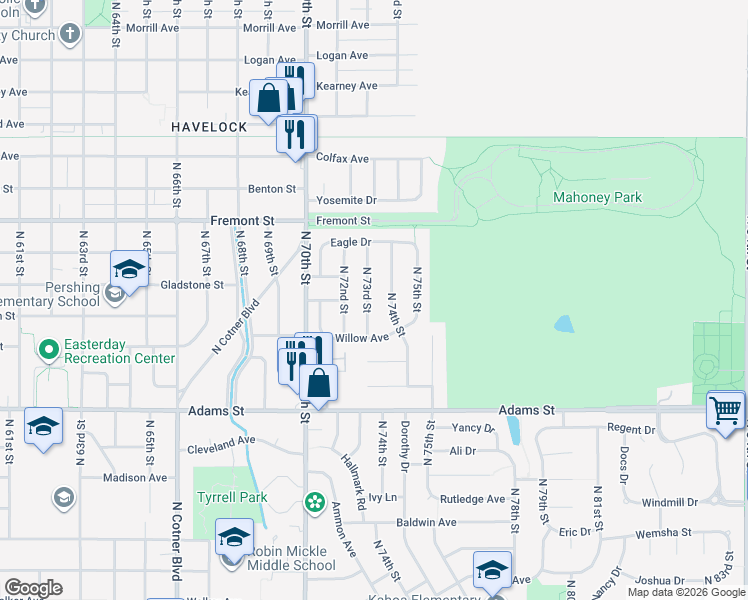 map of restaurants, bars, coffee shops, grocery stores, and more near 3401 North 73rd Street in Lincoln