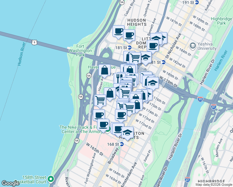 map of restaurants, bars, coffee shops, grocery stores, and more near Fort Washington Ave & W 174th St in New York