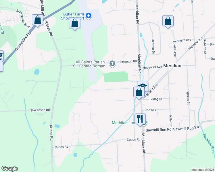 map of restaurants, bars, coffee shops, grocery stores, and more near 116 Winterwood Drive in Meridian