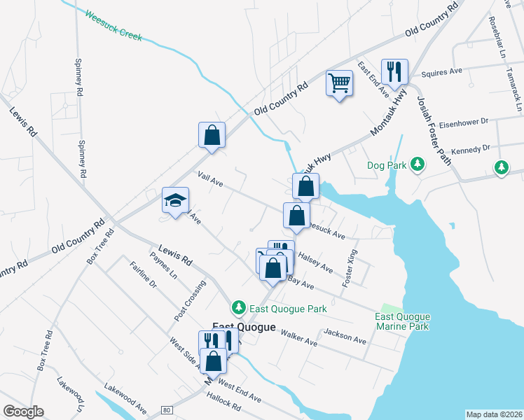 map of restaurants, bars, coffee shops, grocery stores, and more near 23 Vail Avenue in East Quogue