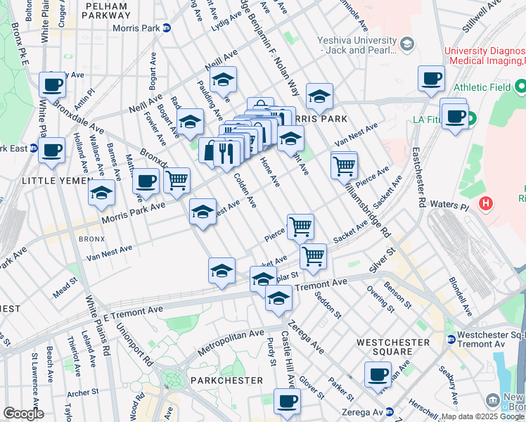 map of restaurants, bars, coffee shops, grocery stores, and more near 1647 Paulding Avenue in Bronx