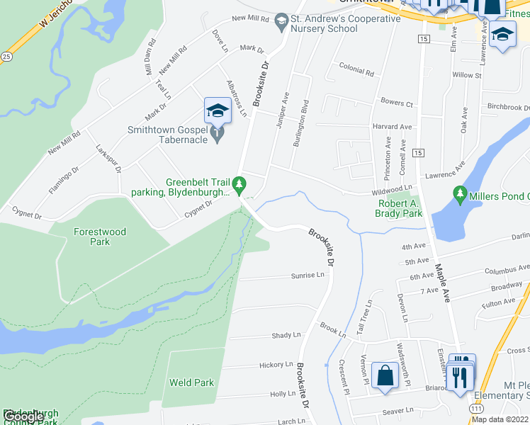 map of restaurants, bars, coffee shops, grocery stores, and more near 79 Brooksite Drive in Smithtown