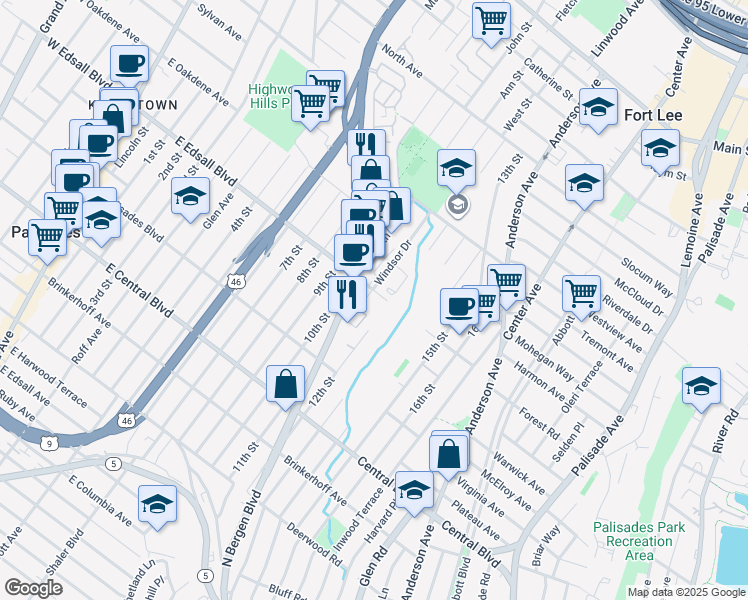 map of restaurants, bars, coffee shops, grocery stores, and more near 342 East Edsall Boulevard in Palisades Park