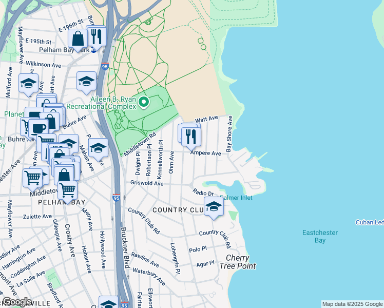 map of restaurants, bars, coffee shops, grocery stores, and more near 3233 Ampere Avenue in Bronx