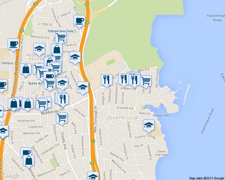 map of restaurants, bars, coffee shops, grocery stores, and more near 3169 Ampere Avenue in The Bronx