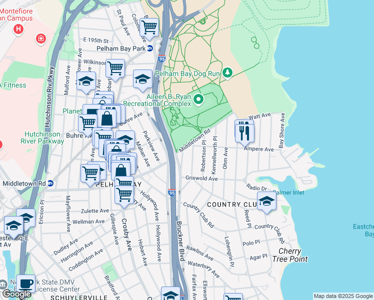 map of restaurants, bars, coffee shops, grocery stores, and more near 1602 Dwight Place in Bronx