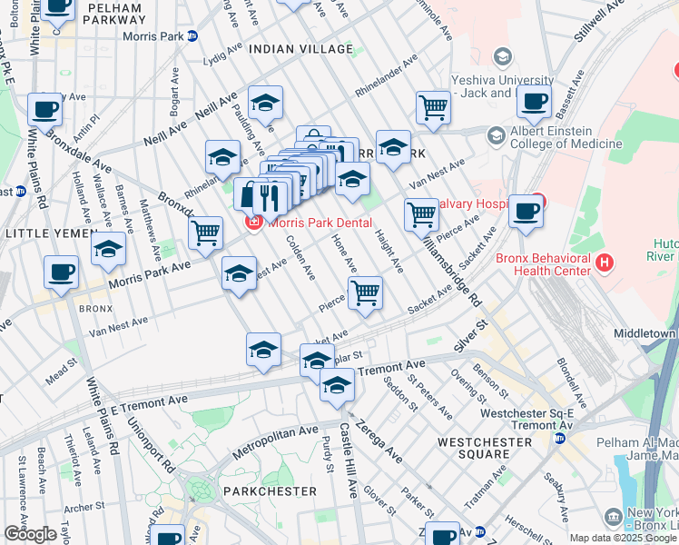 map of restaurants, bars, coffee shops, grocery stores, and more near 1647 Paulding Avenue in Bronx
